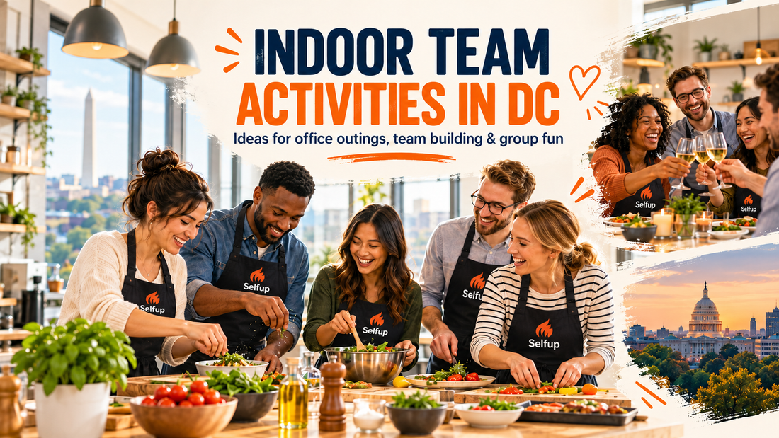 Indoor team activities in Washington DC with coworkers cooking together during a hands-on group experience